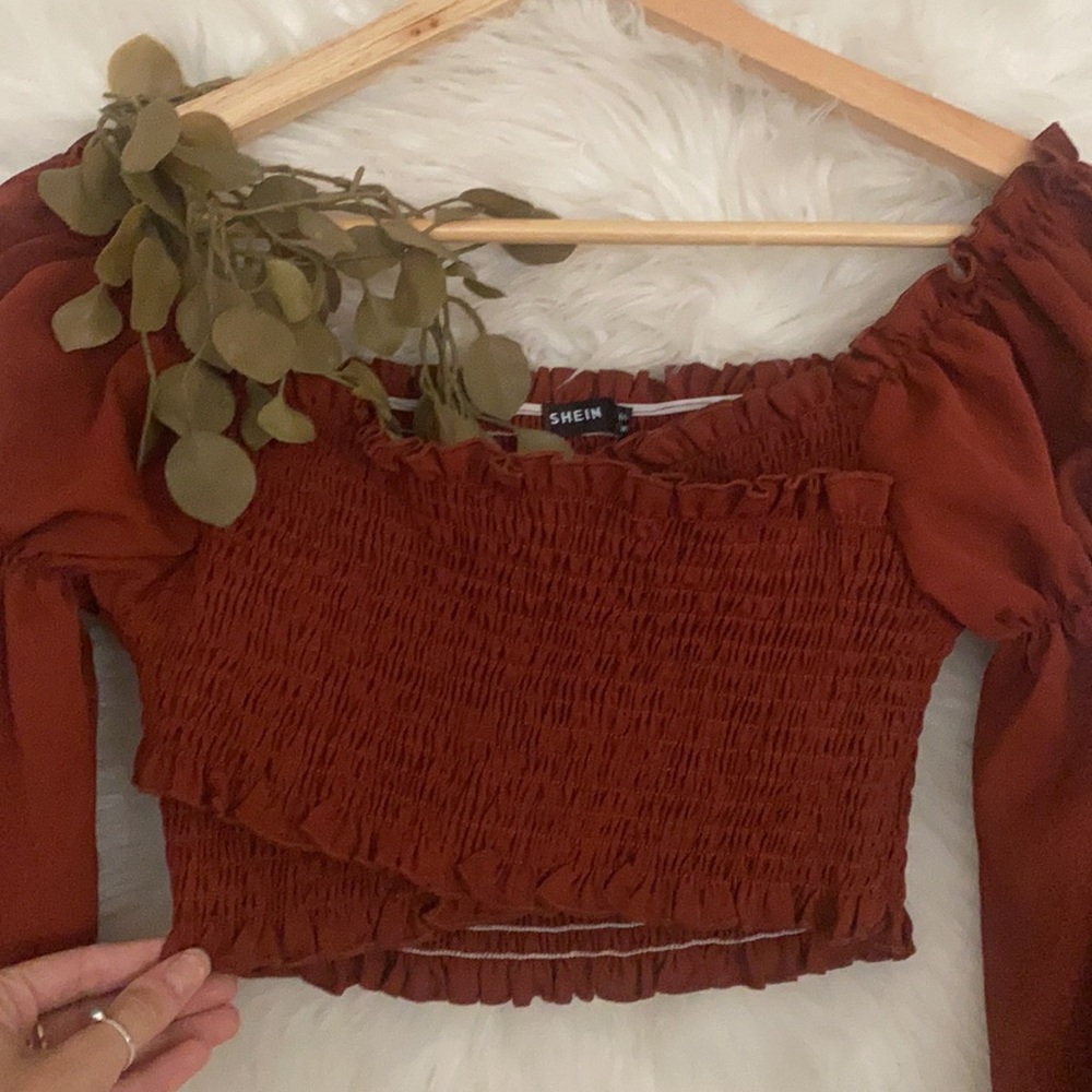 • § Off Shoulder Rust Festival Crop Ruffle Blouse § • - Picture 2 of 5